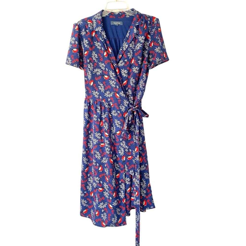 ModCloth Tied and Timeless Bird Print Navy Blue Red Wrap Dress size large